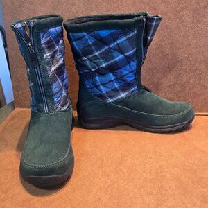 Land's End Women's Green Suede Blue Plaid ZIp Front Winter Boots- Size 10B
